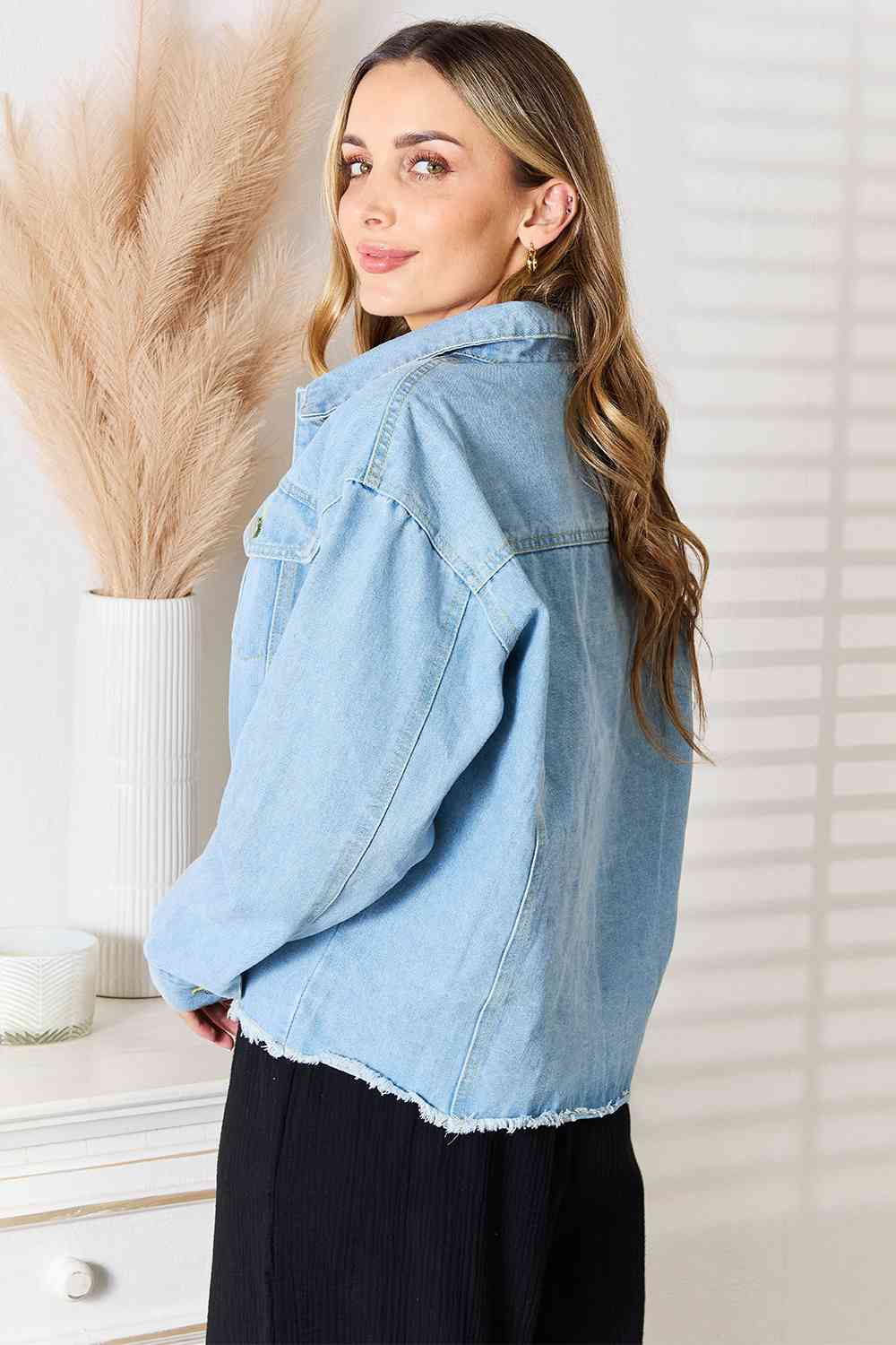 Double Take Dropped Shoulder Raw Hem Denim Jacket BLUE ZONE PLANET