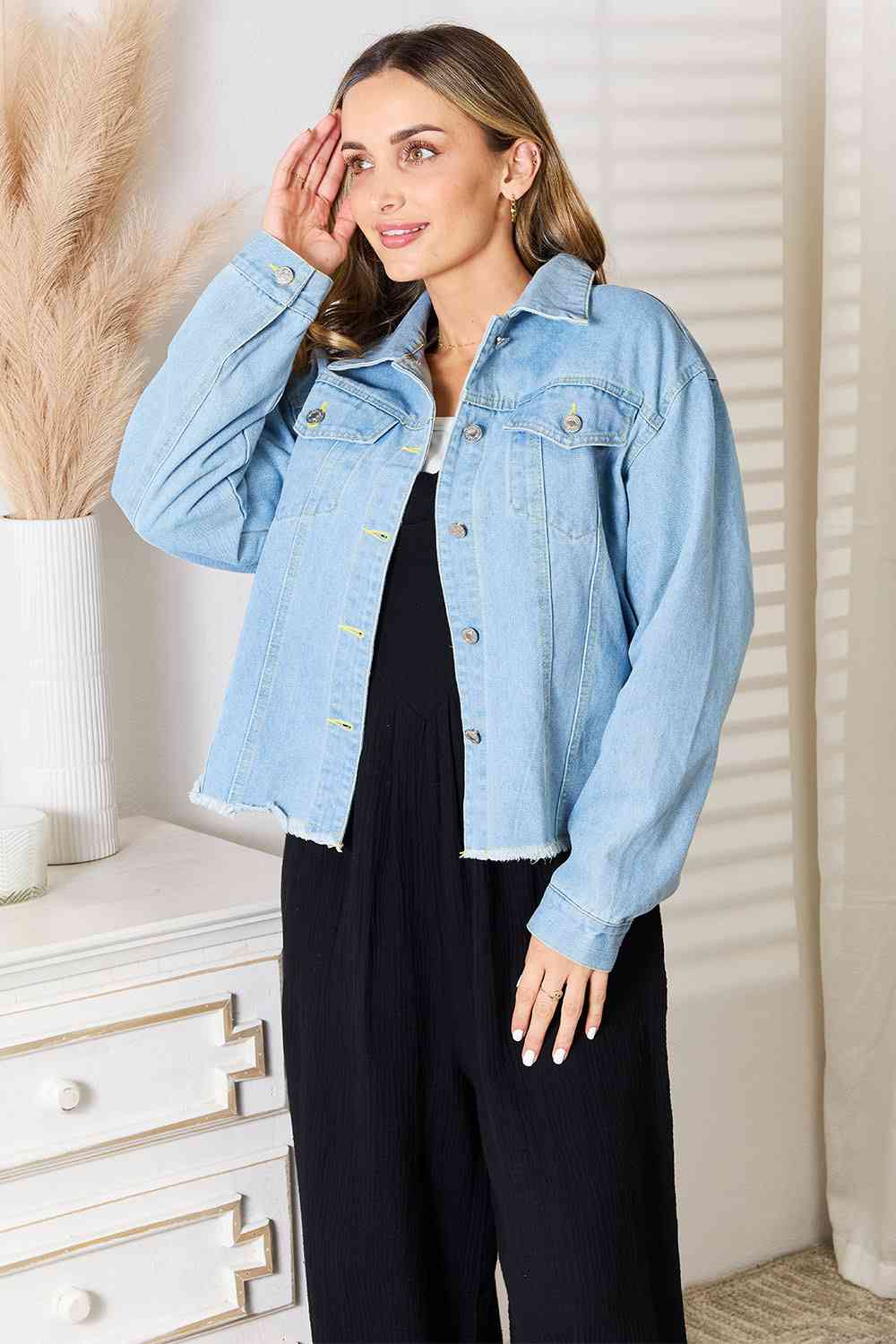 Double Take Dropped Shoulder Raw Hem Denim Jacket BLUE ZONE PLANET