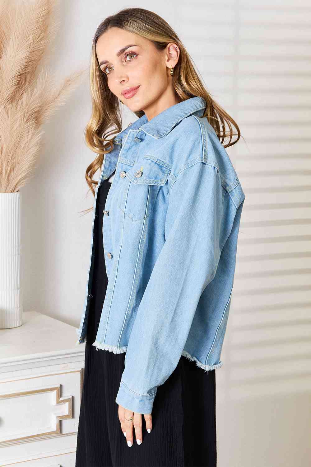 Double Take Dropped Shoulder Raw Hem Denim Jacket BLUE ZONE PLANET