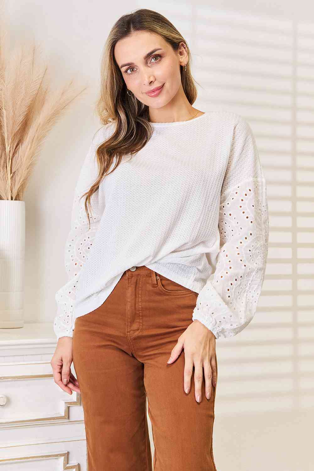 Double Take Eyelet Dropped Shoulder Round Neck Blouse BLUE ZONE PLANET