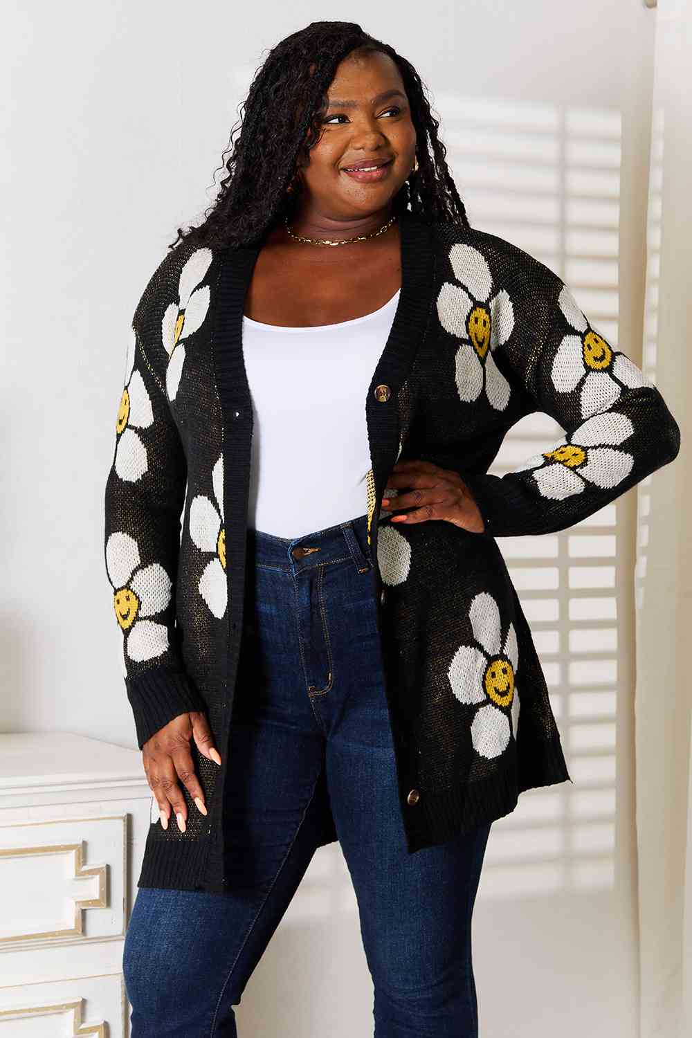 Double Take Floral Button Down Longline Cardigan BLUE ZONE PLANET