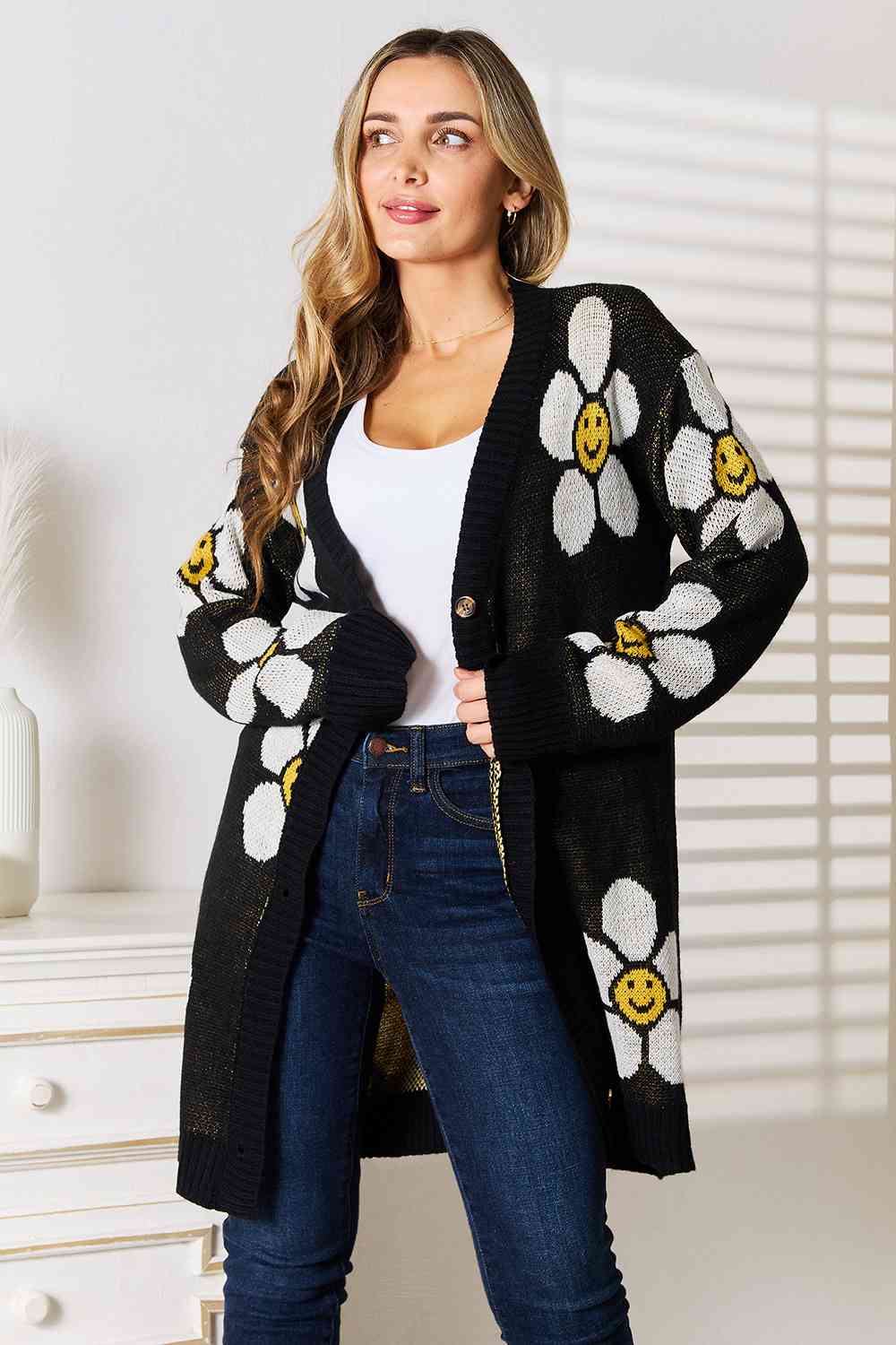 Double Take Floral Button Down Longline Cardigan BLUE ZONE PLANET