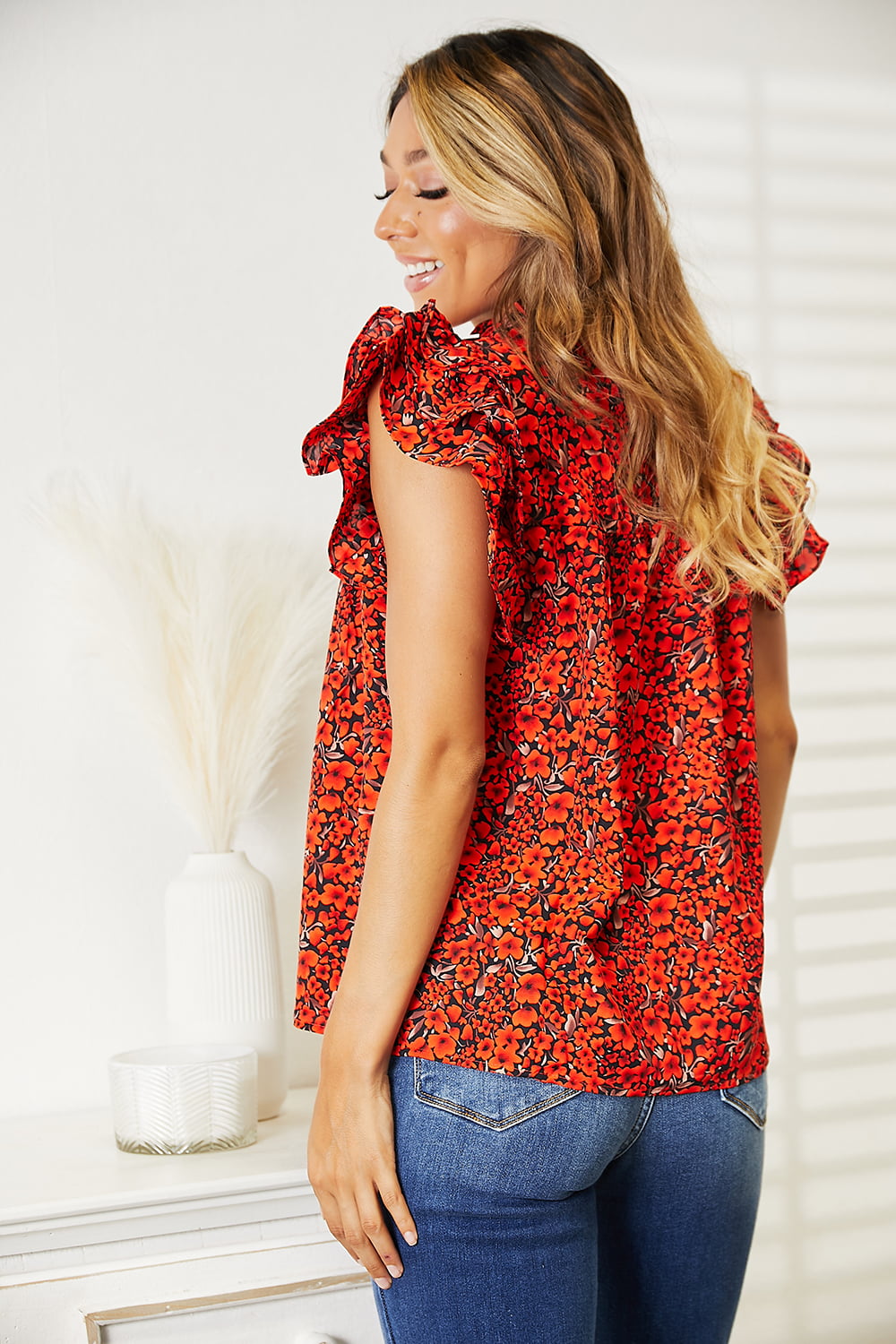 Double Take Floral Flutter Sleeve Notched Neck Blouse BLUE ZONE PLANET