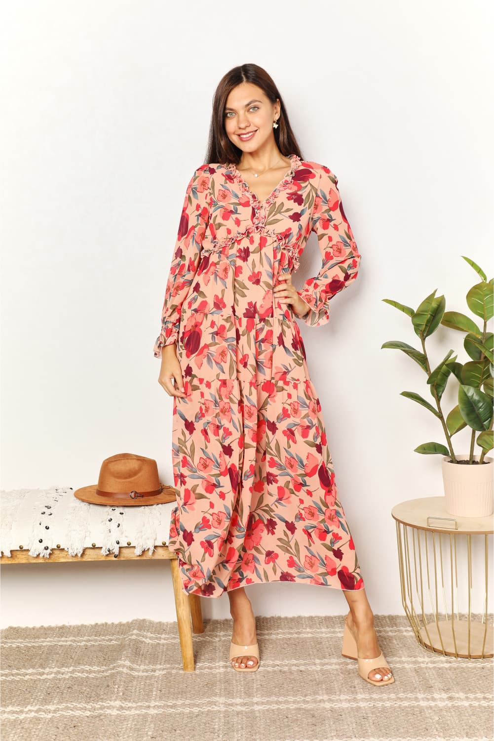 Double Take Floral Frill Trim Flounce Sleeve Plunge Maxi Dress BLUE ZONE PLANET