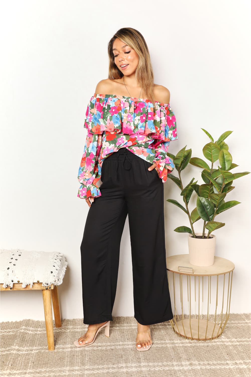 Double Take Floral Off-Shoulder Flounce Sleeve Layered Blouse BLUE ZONE PLANET