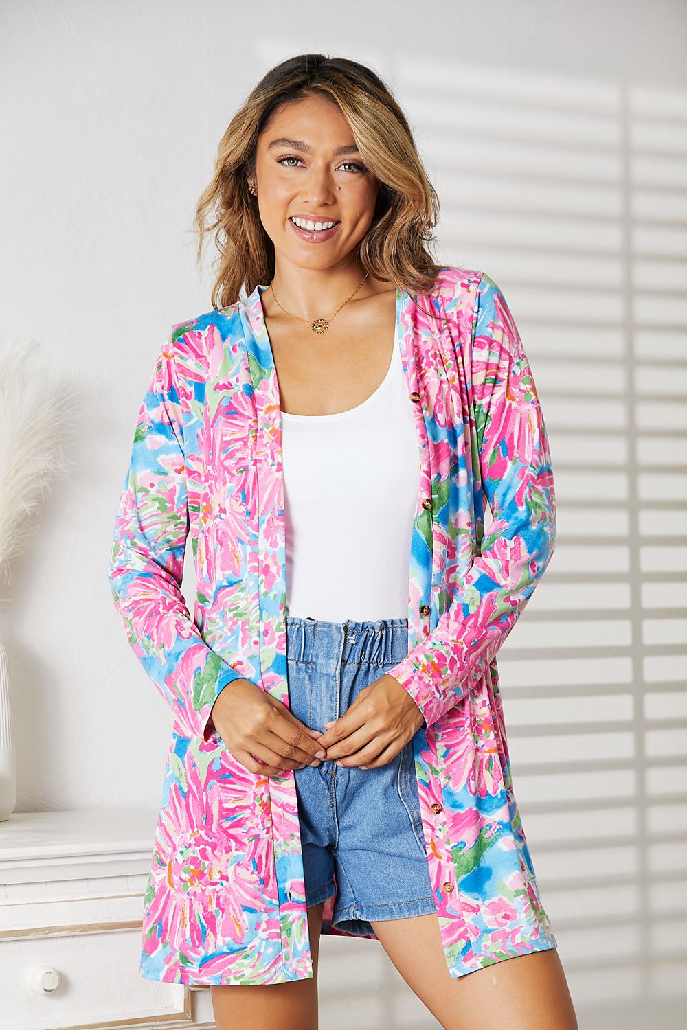 Double Take Floral Open Front Long Sleeve Cardigan BLUE ZONE PLANET