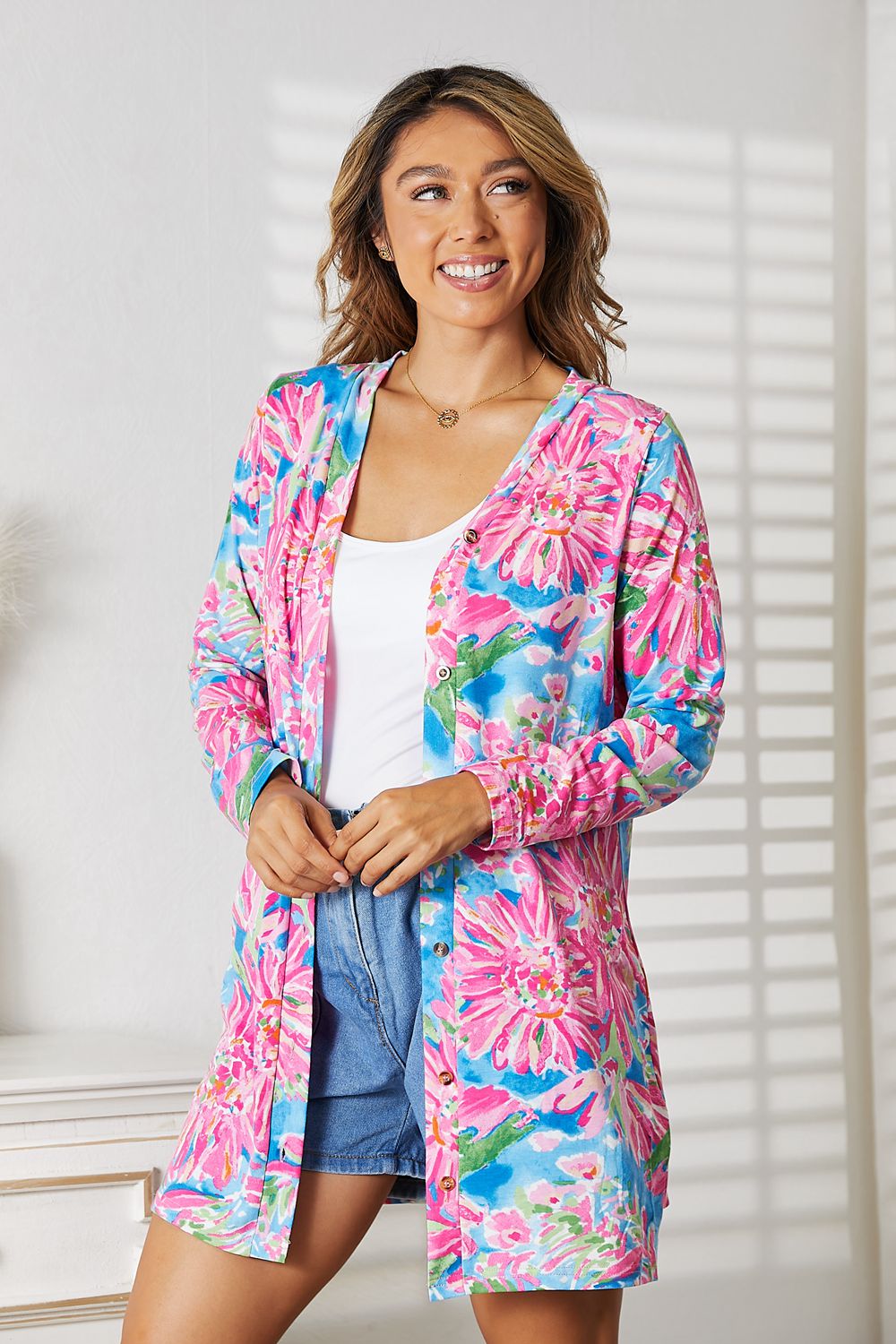 Double Take Floral Open Front Long Sleeve Cardigan BLUE ZONE PLANET