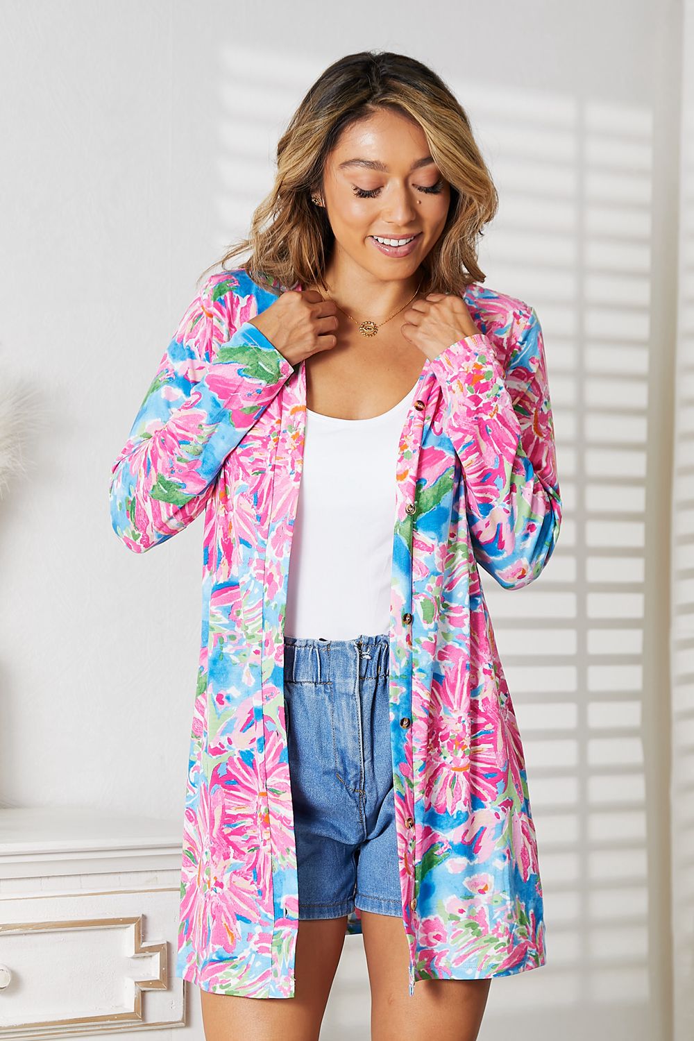 Double Take Floral Open Front Long Sleeve Cardigan BLUE ZONE PLANET