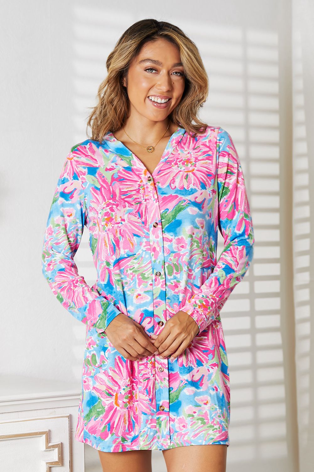 Double Take Floral Open Front Long Sleeve Cardigan BLUE ZONE PLANET