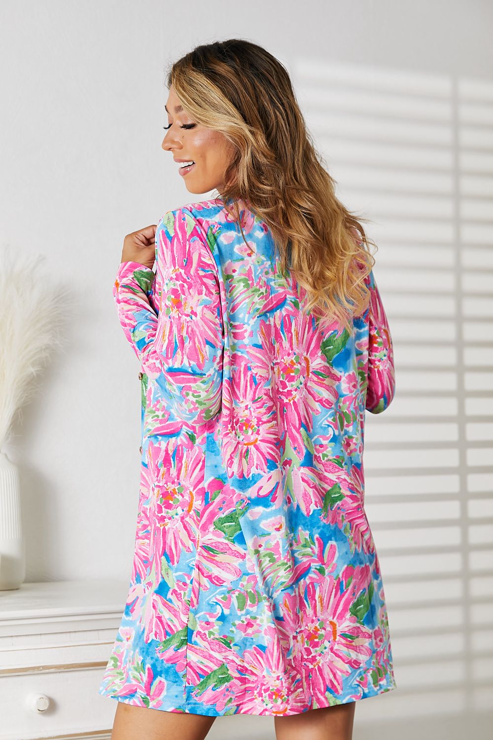 Double Take Floral Open Front Long Sleeve Cardigan BLUE ZONE PLANET