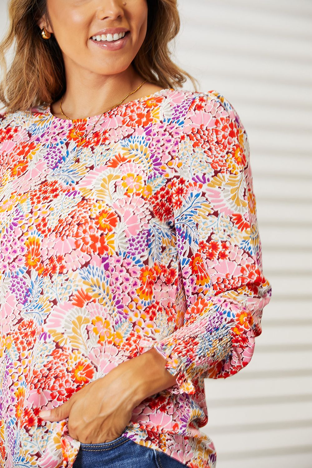 Double Take Floral Print Long Puff Sleeve Blouse BLUE ZONE PLANET