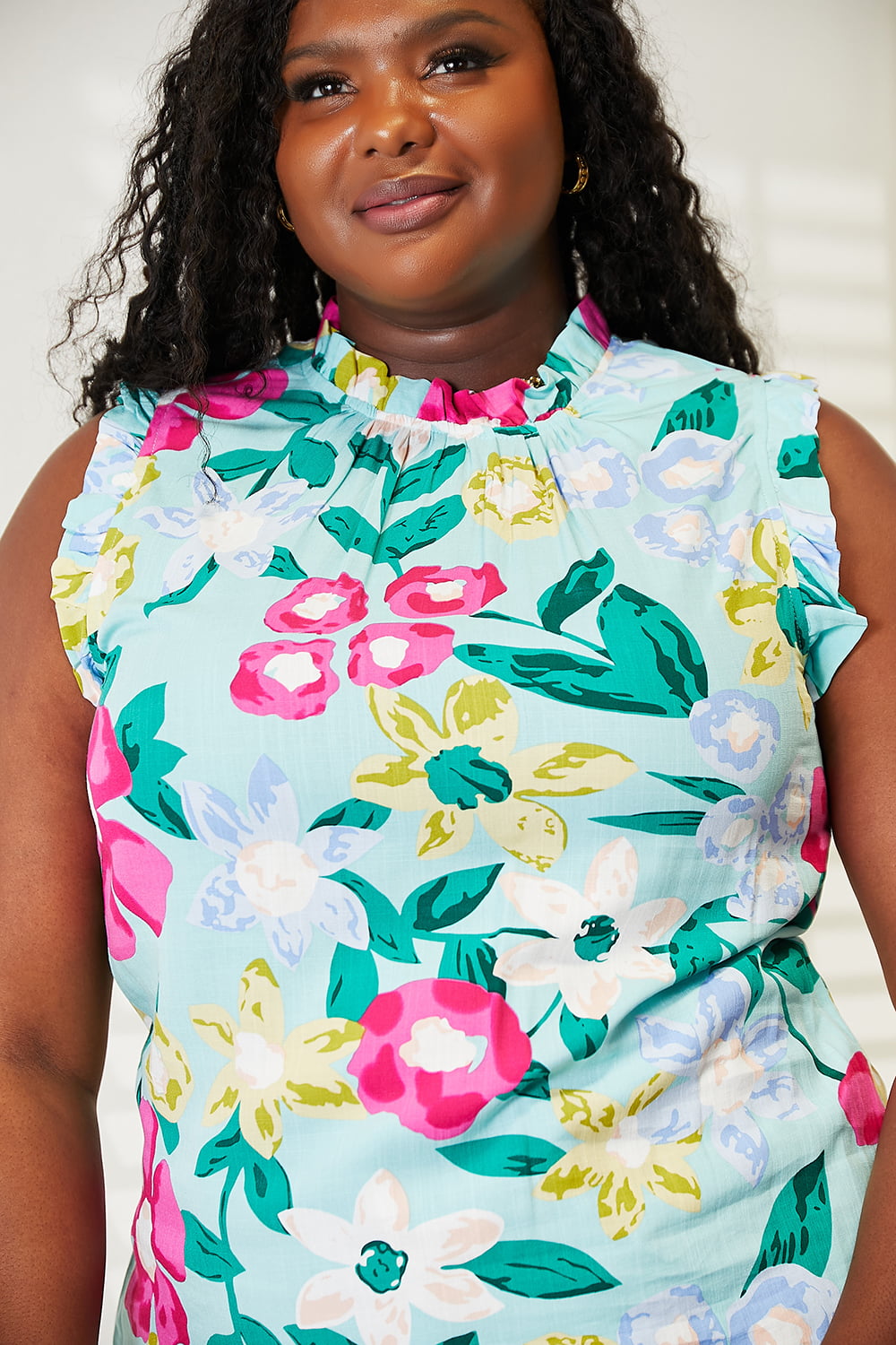 Double Take Floral Print Ruffle Shoulder Blouse BLUE ZONE PLANET