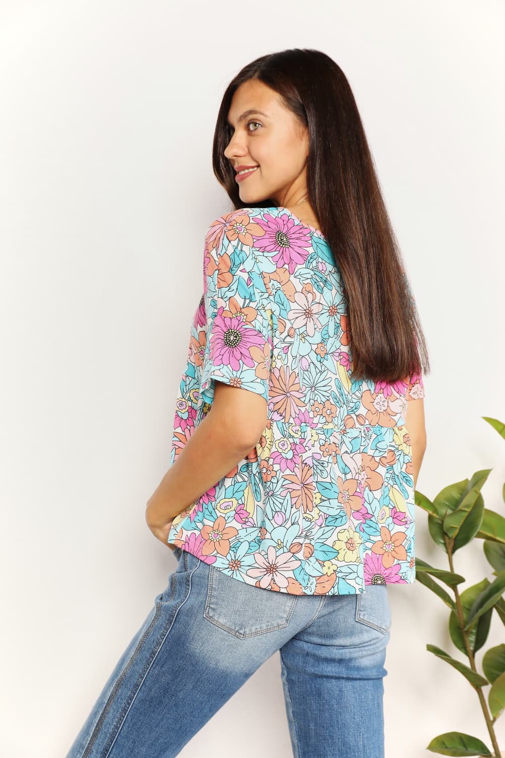 Double Take Floral Round Neck Babydoll Top BLUE ZONE PLANET