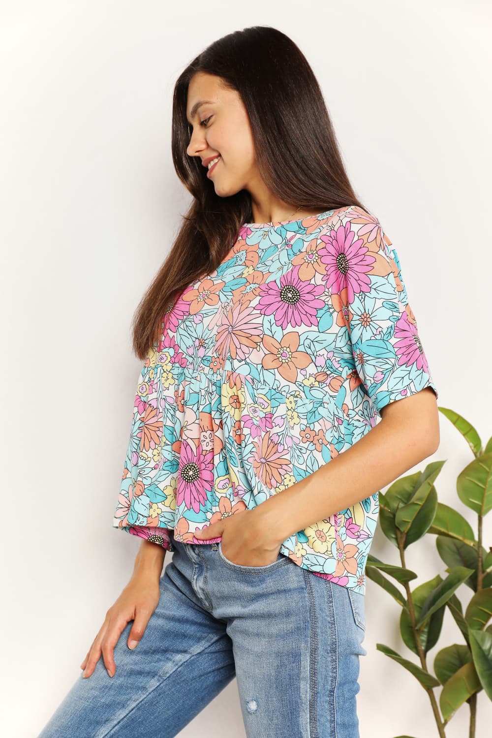 Double Take Floral Round Neck Babydoll Top BLUE ZONE PLANET