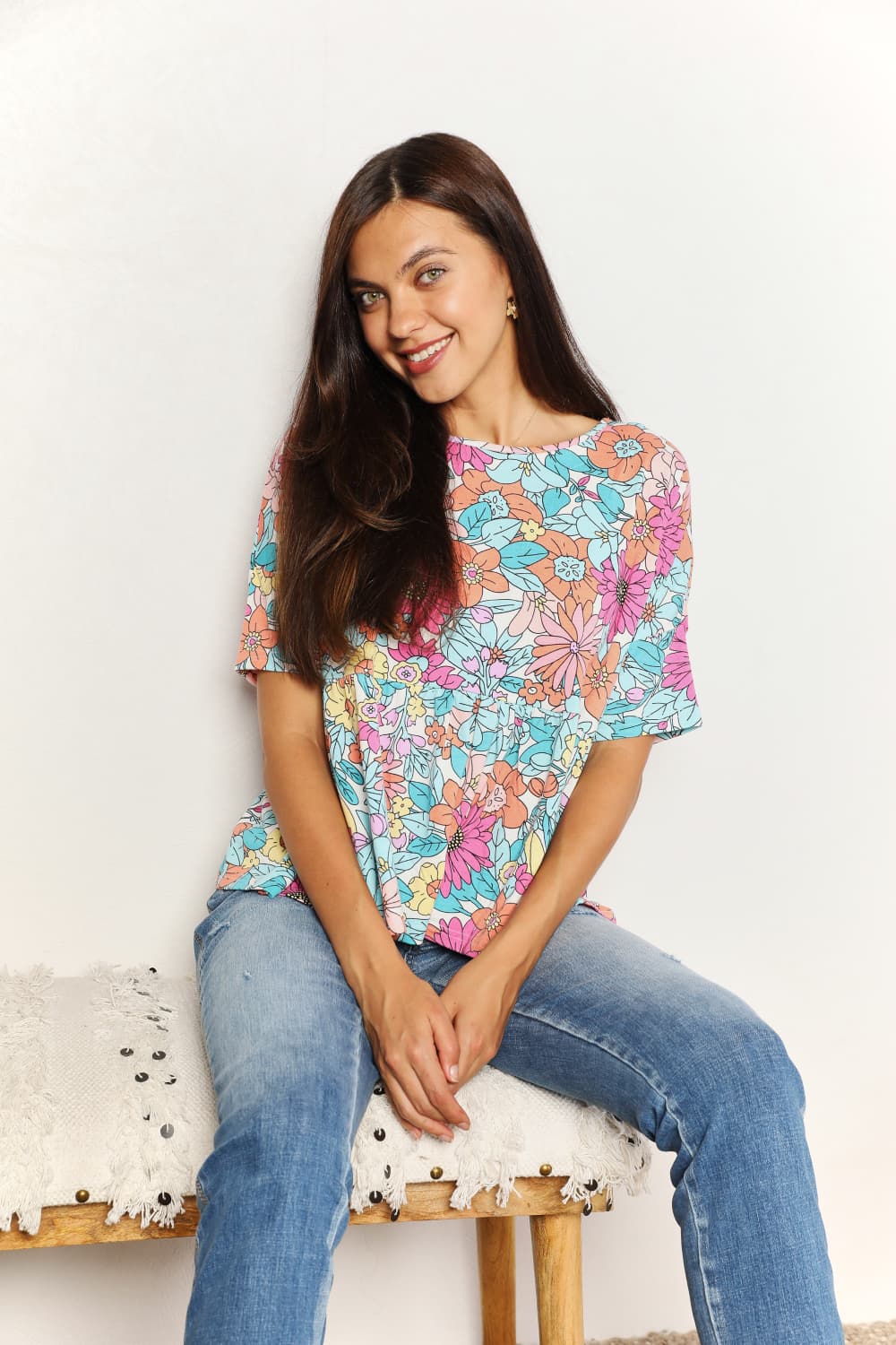 Double Take Floral Round Neck Babydoll Top BLUE ZONE PLANET