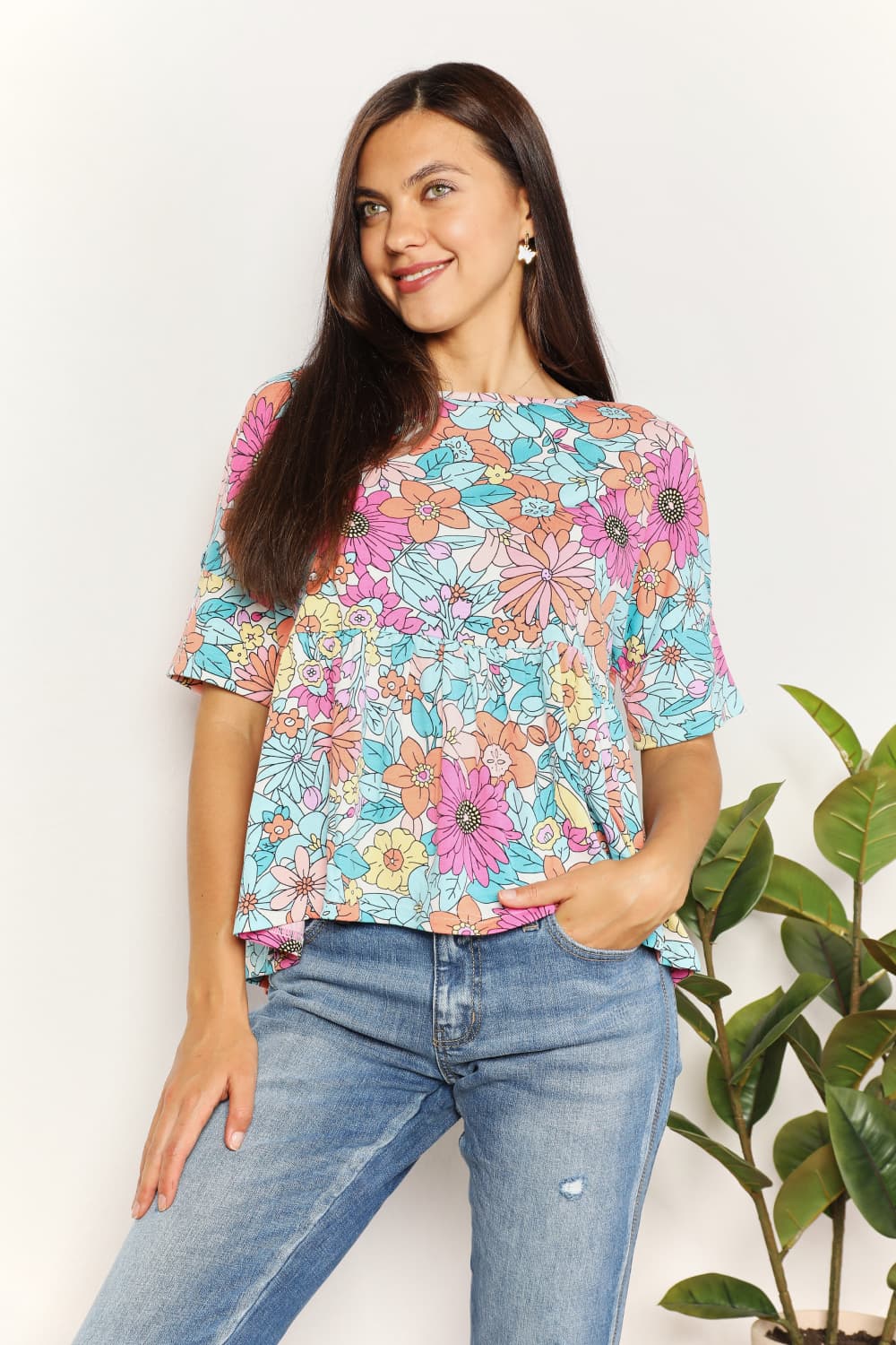 Double Take Floral Round Neck Babydoll Top BLUE ZONE PLANET