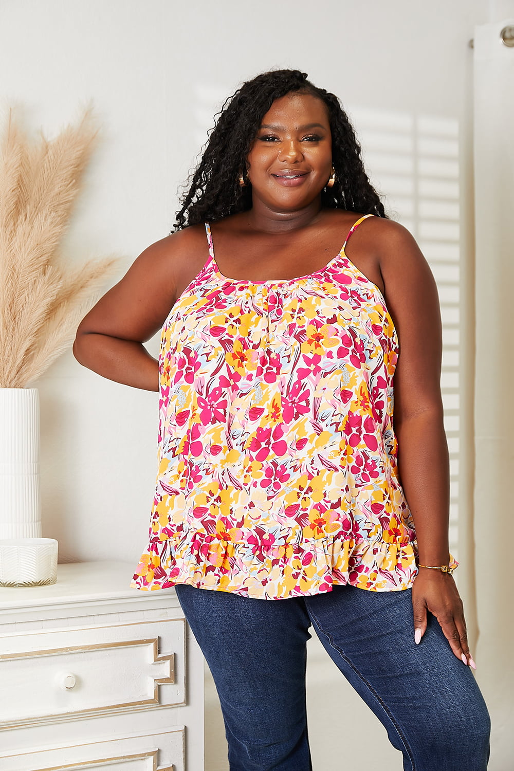 Double Take Floral Scoop Neck Ruffle Hem Cami BLUE ZONE PLANET