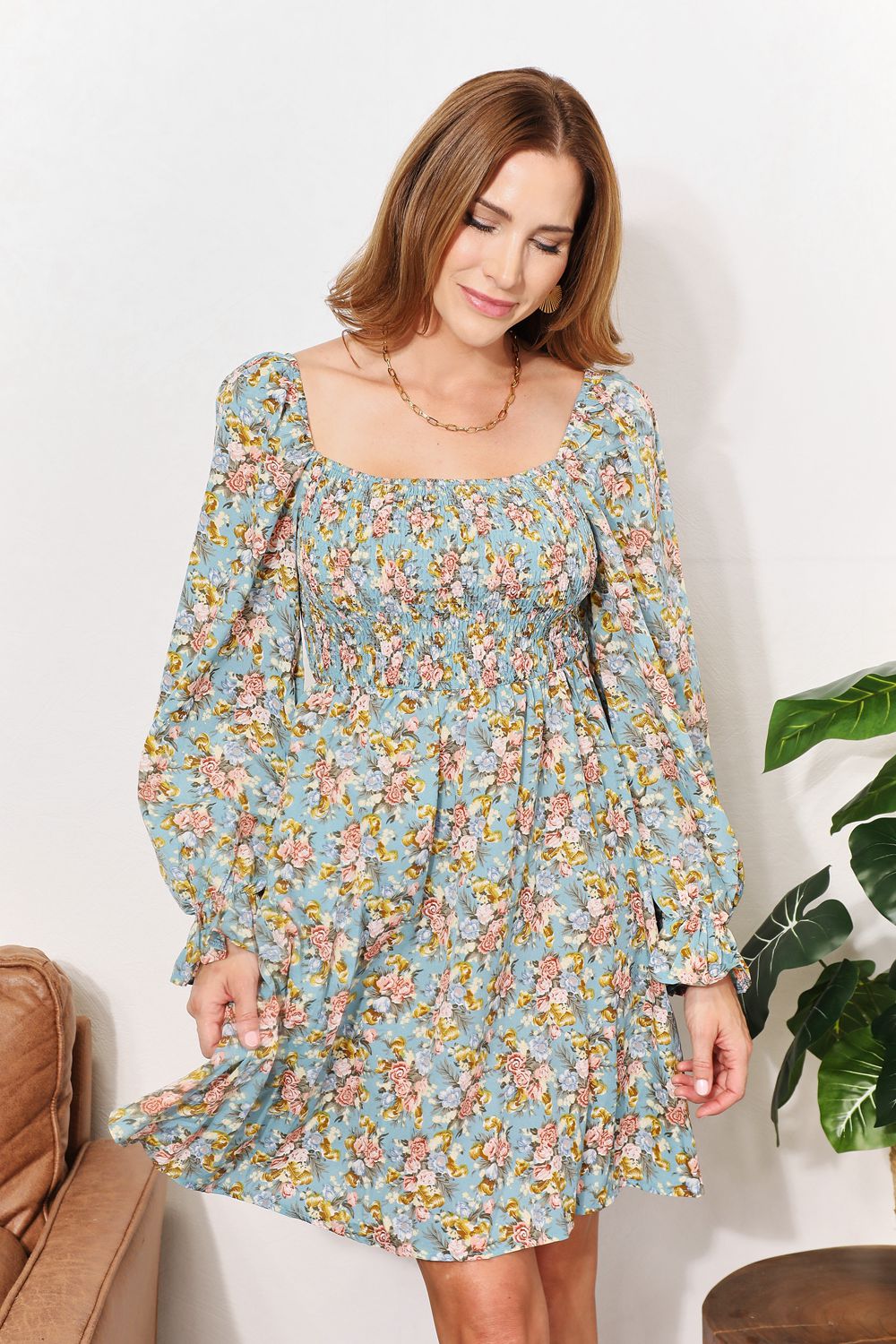 Double Take Floral Smocked Flounce Sleeve Square Neck Dress BLUE ZONE PLANET