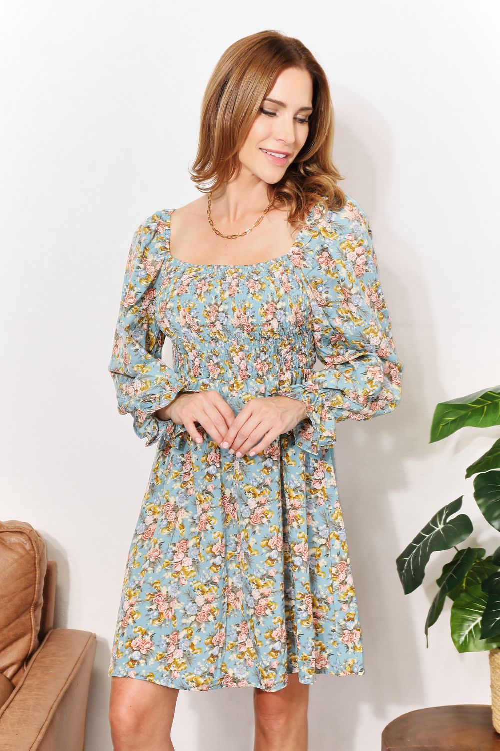 Double Take Floral Smocked Flounce Sleeve Square Neck Dress BLUE ZONE PLANET