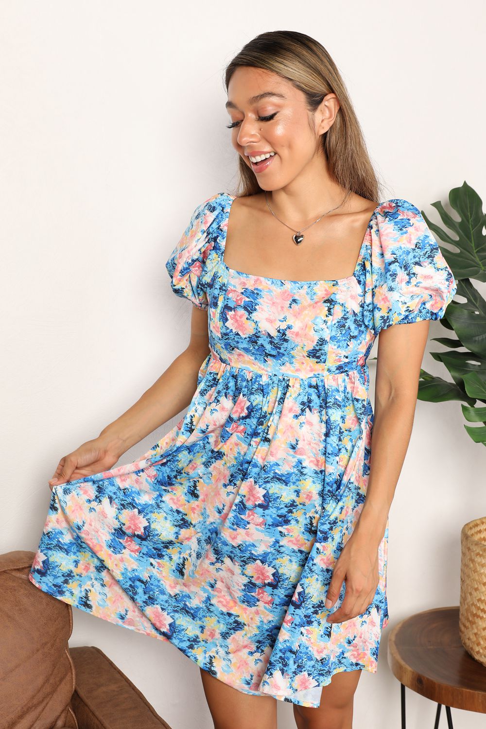 Double Take Floral Square Neck Puff Sleeve Dress BLUE ZONE PLANET