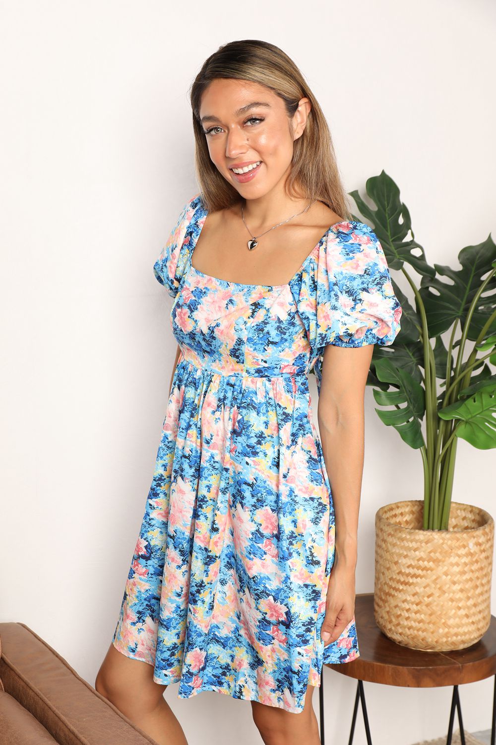 Double Take Floral Square Neck Puff Sleeve Dress BLUE ZONE PLANET