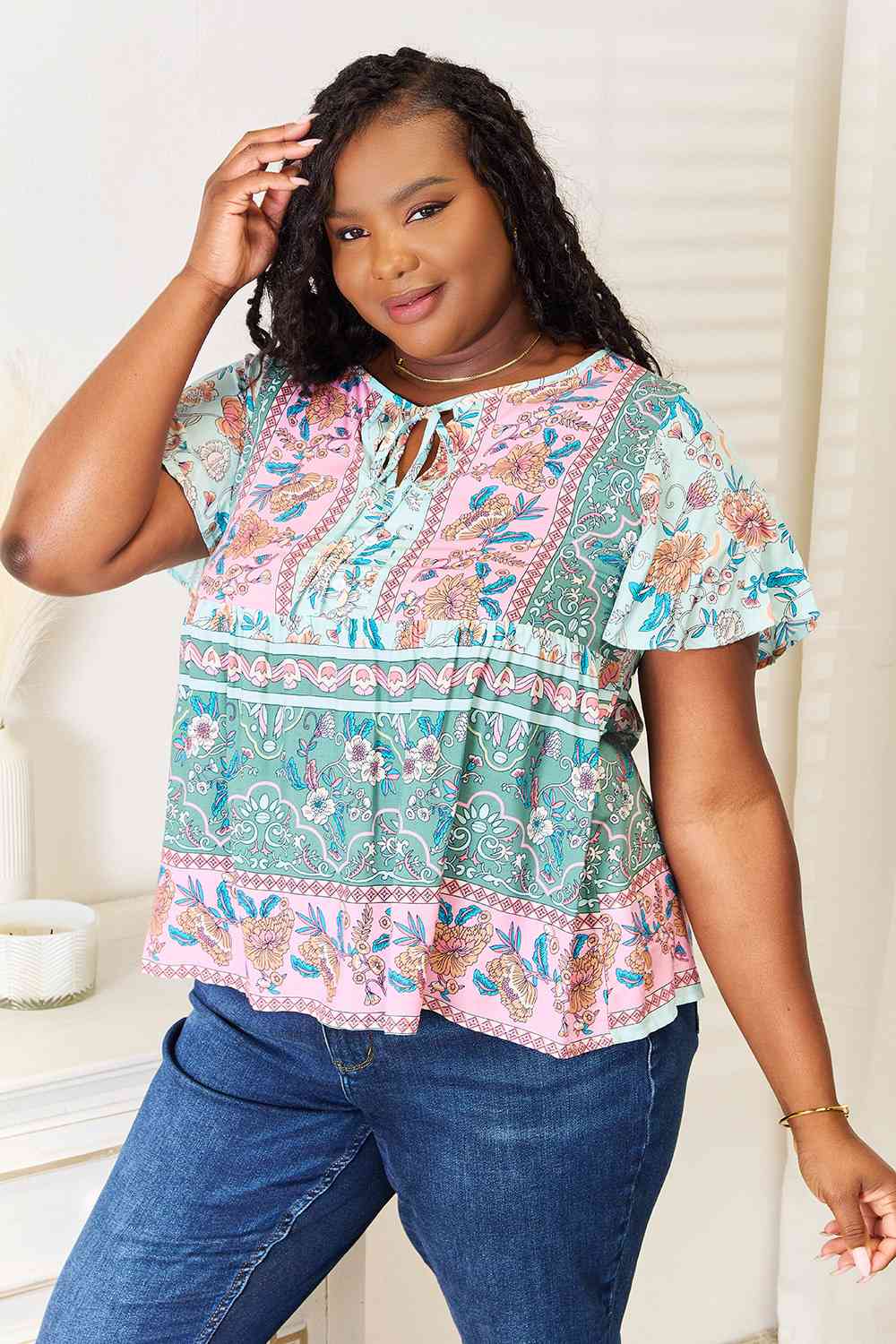 Double Take Floral Tie Neck Short Sleeve Blouse BLUE ZONE PLANET