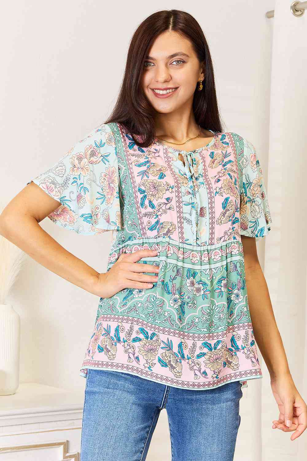 Double Take Floral Tie Neck Short Sleeve Blouse BLUE ZONE PLANET