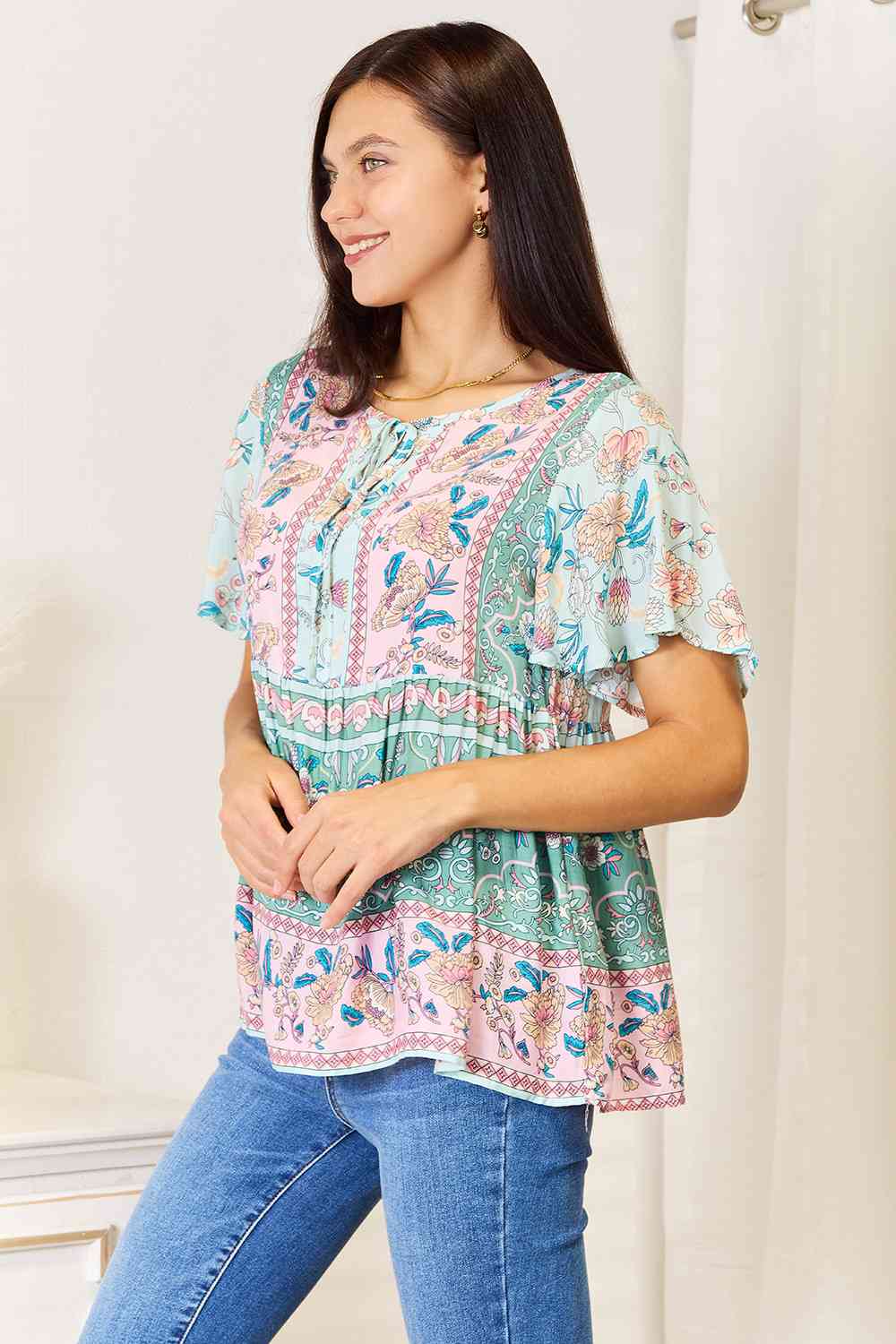 Double Take Floral Tie Neck Short Sleeve Blouse BLUE ZONE PLANET