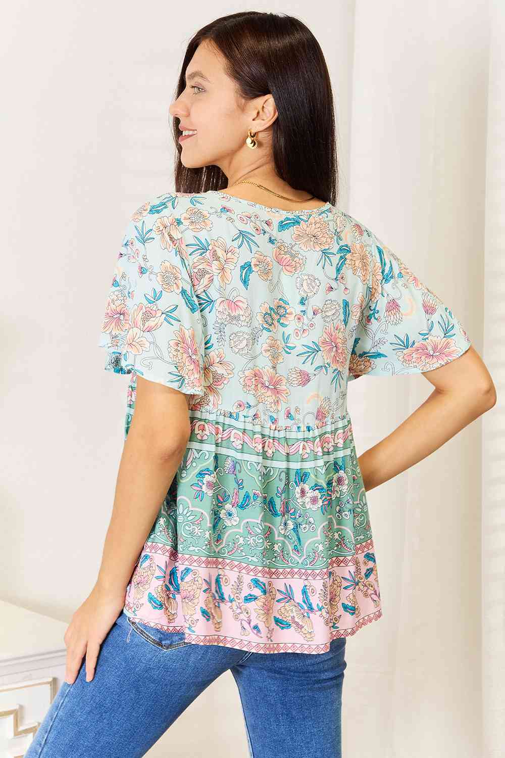 Double Take Floral Tie Neck Short Sleeve Blouse BLUE ZONE PLANET