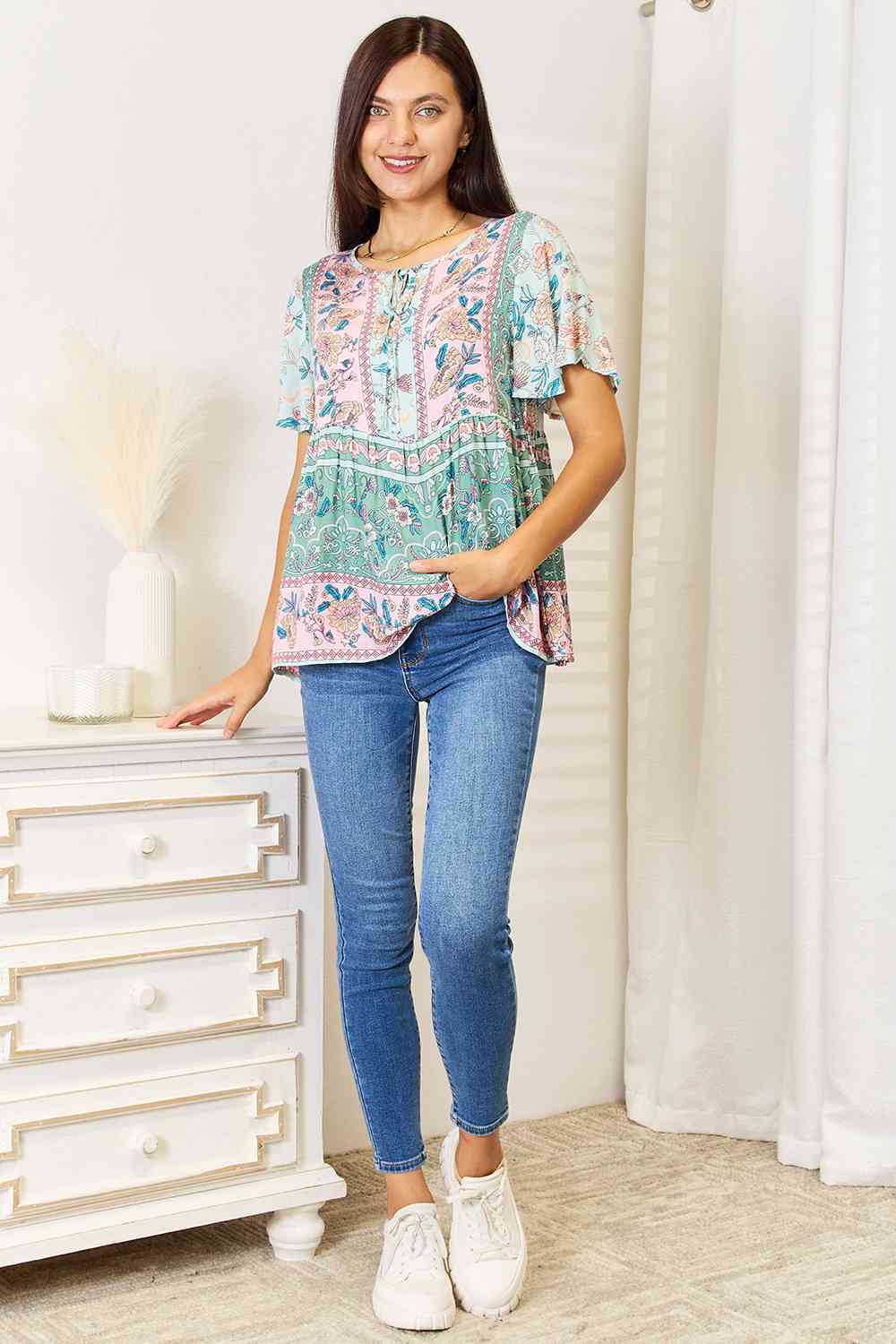 Double Take Floral Tie Neck Short Sleeve Blouse BLUE ZONE PLANET