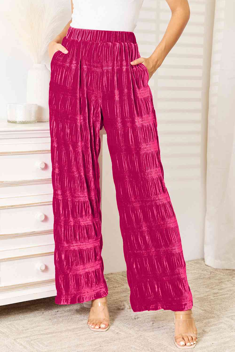 Double Take Full Size High Waist Tiered Shirring Velvet Wide Leg Pants BLUE ZONE PLANET