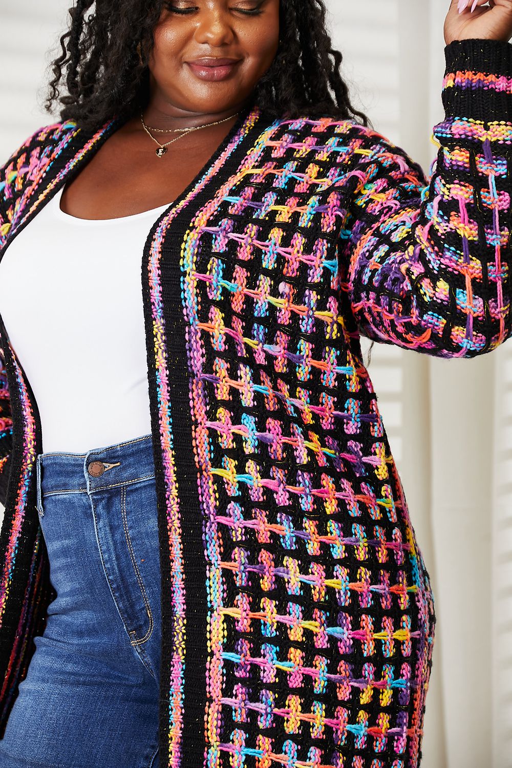 Double Take Full Size Multicolored Open Front Fringe Hem Cardigan BLUE ZONE PLANET