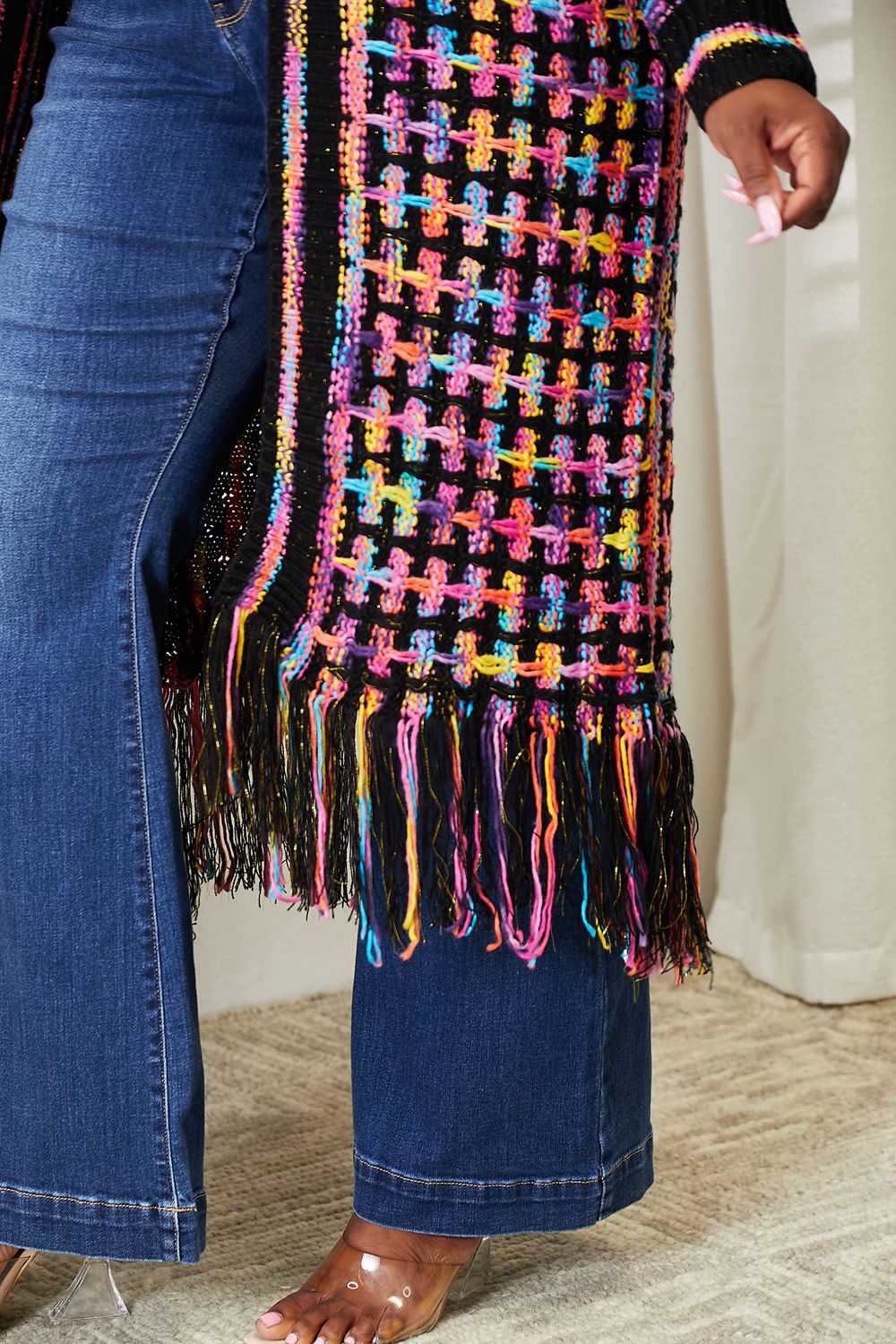 Double Take Full Size Multicolored Open Front Fringe Hem Cardigan BLUE ZONE PLANET