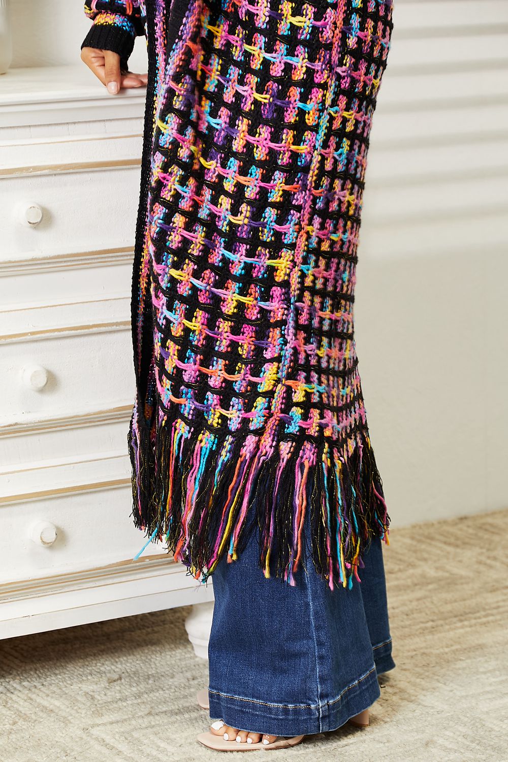 Double Take Full Size Multicolored Open Front Fringe Hem Cardigan BLUE ZONE PLANET