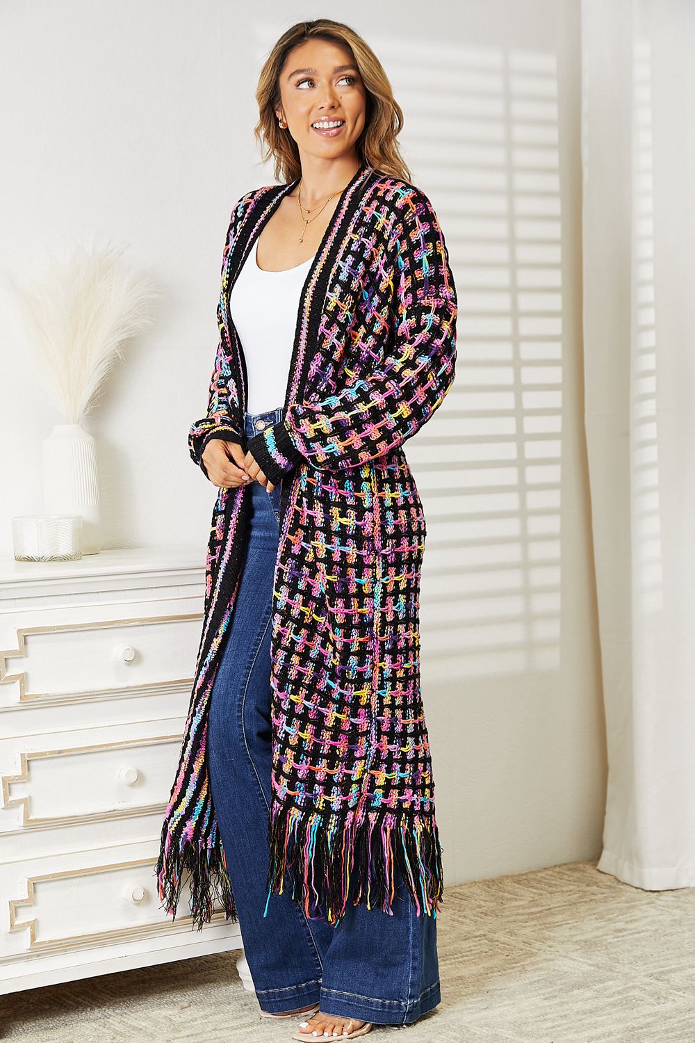 Double Take Full Size Multicolored Open Front Fringe Hem Cardigan BLUE ZONE PLANET
