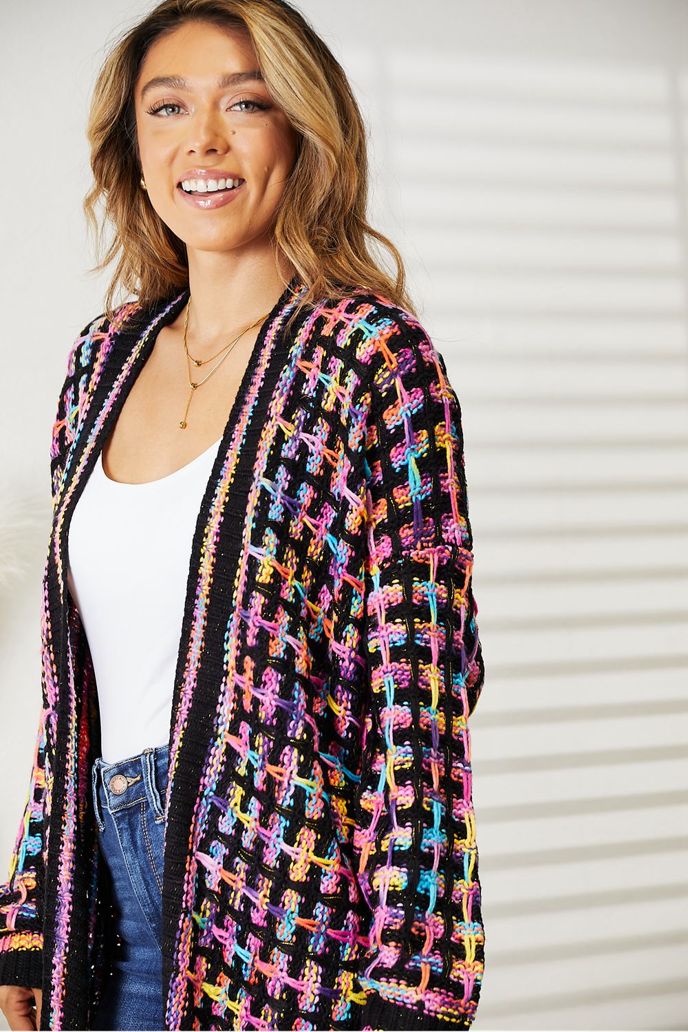 Double Take Full Size Multicolored Open Front Fringe Hem Cardigan BLUE ZONE PLANET
