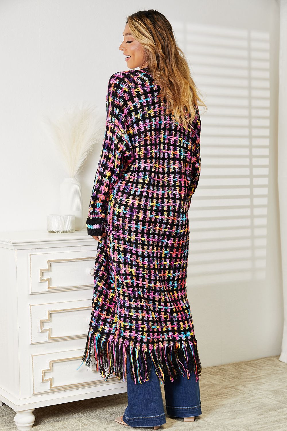 Double Take Full Size Multicolored Open Front Fringe Hem Cardigan BLUE ZONE PLANET