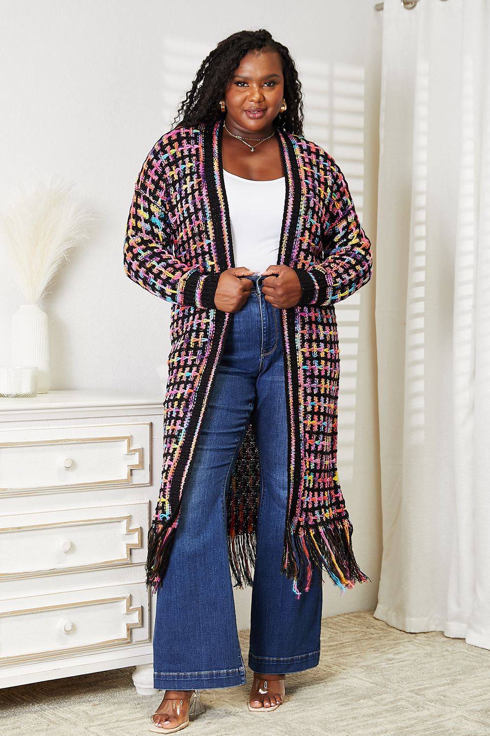 Double Take Full Size Multicolored Open Front Fringe Hem Cardigan BLUE ZONE PLANET