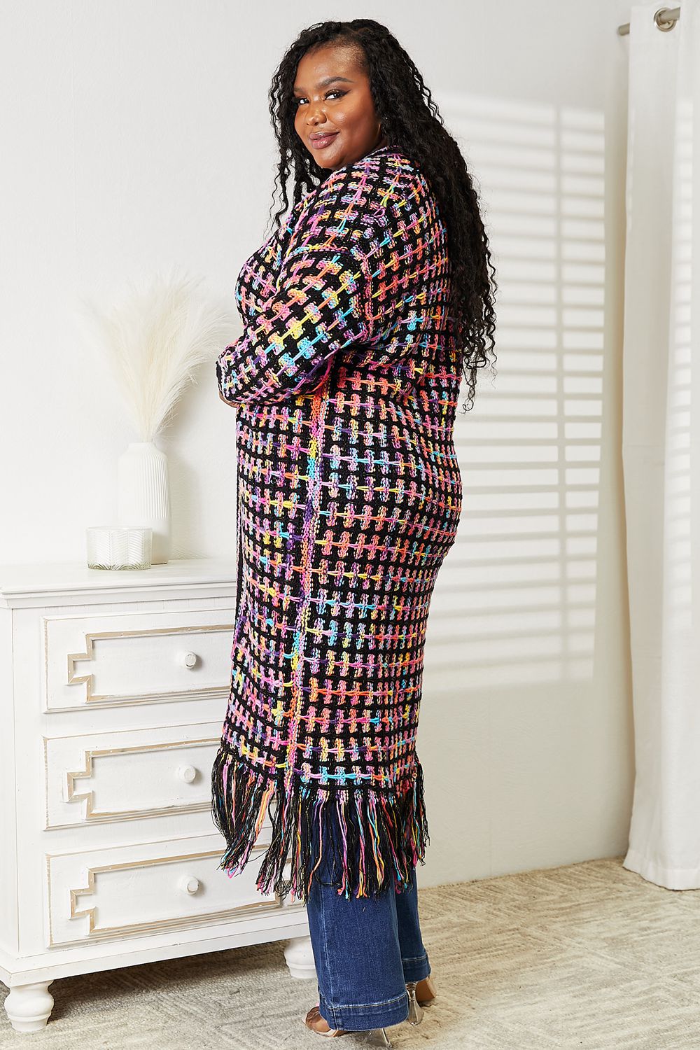 Double Take Full Size Multicolored Open Front Fringe Hem Cardigan BLUE ZONE PLANET