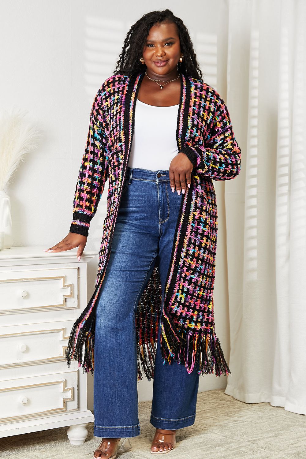 Double Take Full Size Multicolored Open Front Fringe Hem Cardigan BLUE ZONE PLANET