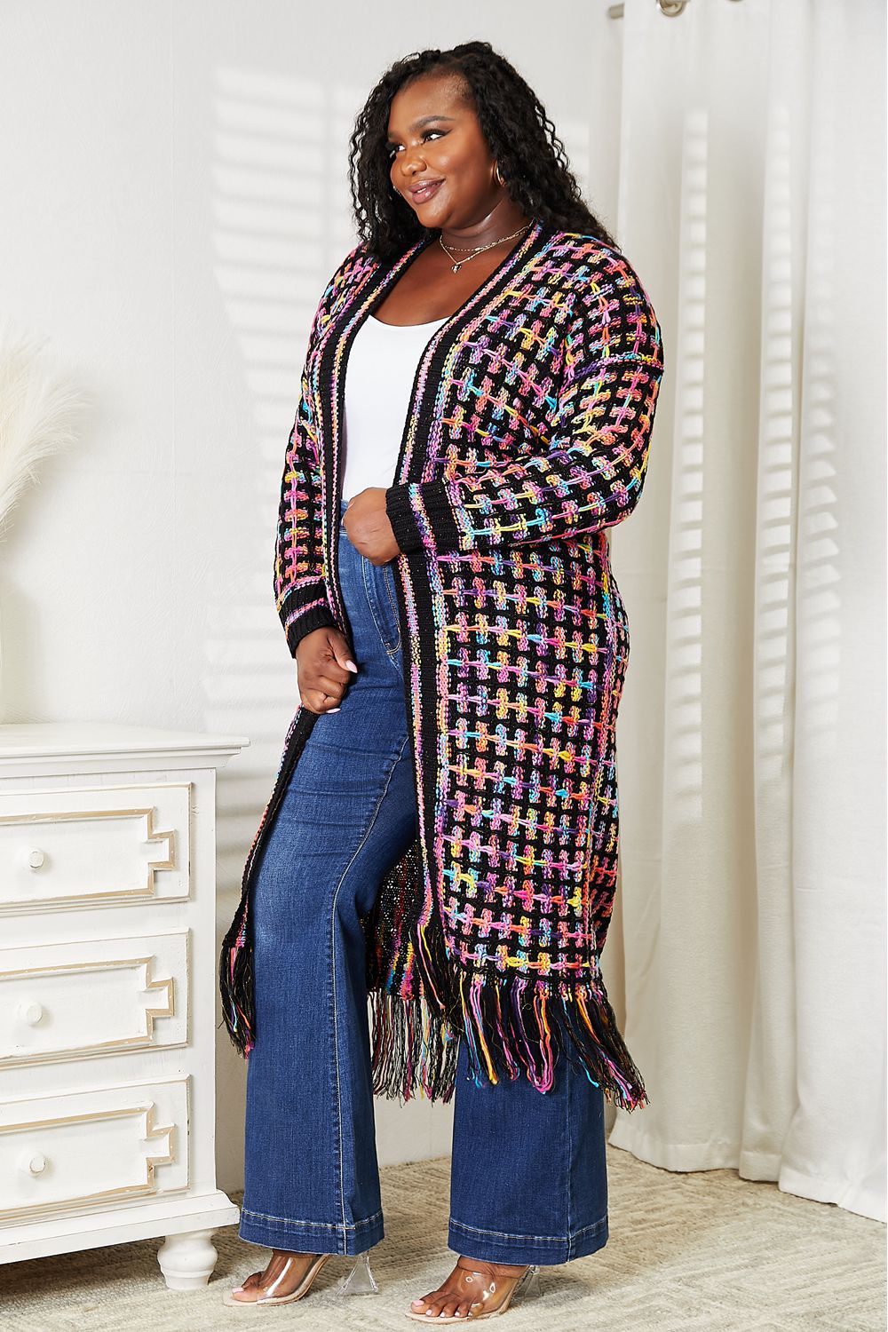 Double Take Full Size Multicolored Open Front Fringe Hem Cardigan BLUE ZONE PLANET