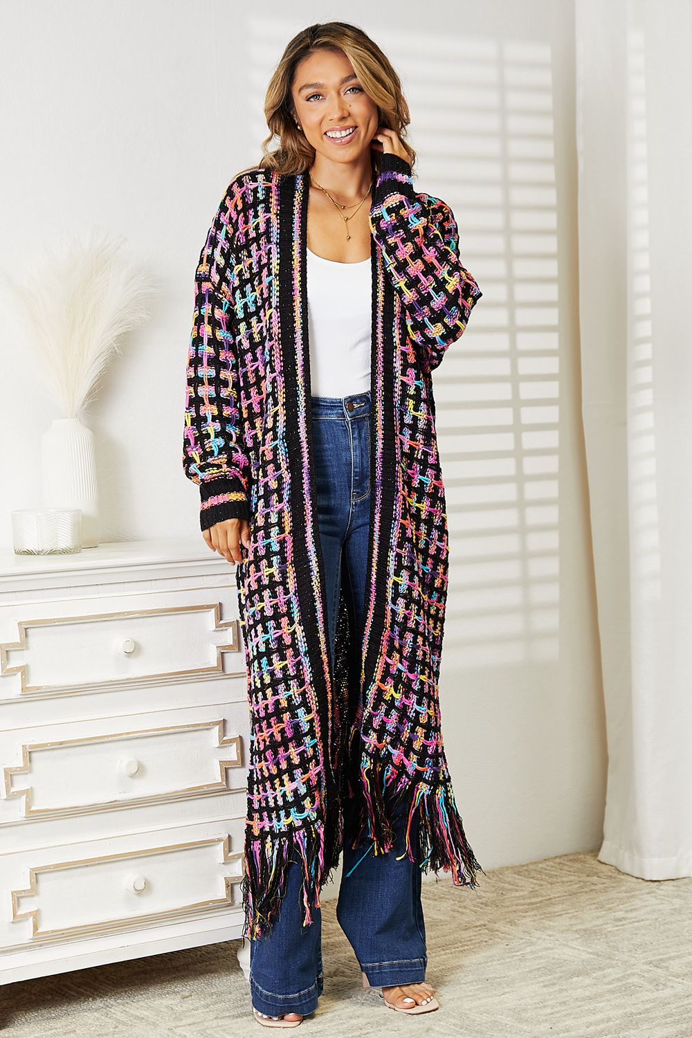 Double Take Full Size Multicolored Open Front Fringe Hem Cardigan BLUE ZONE PLANET