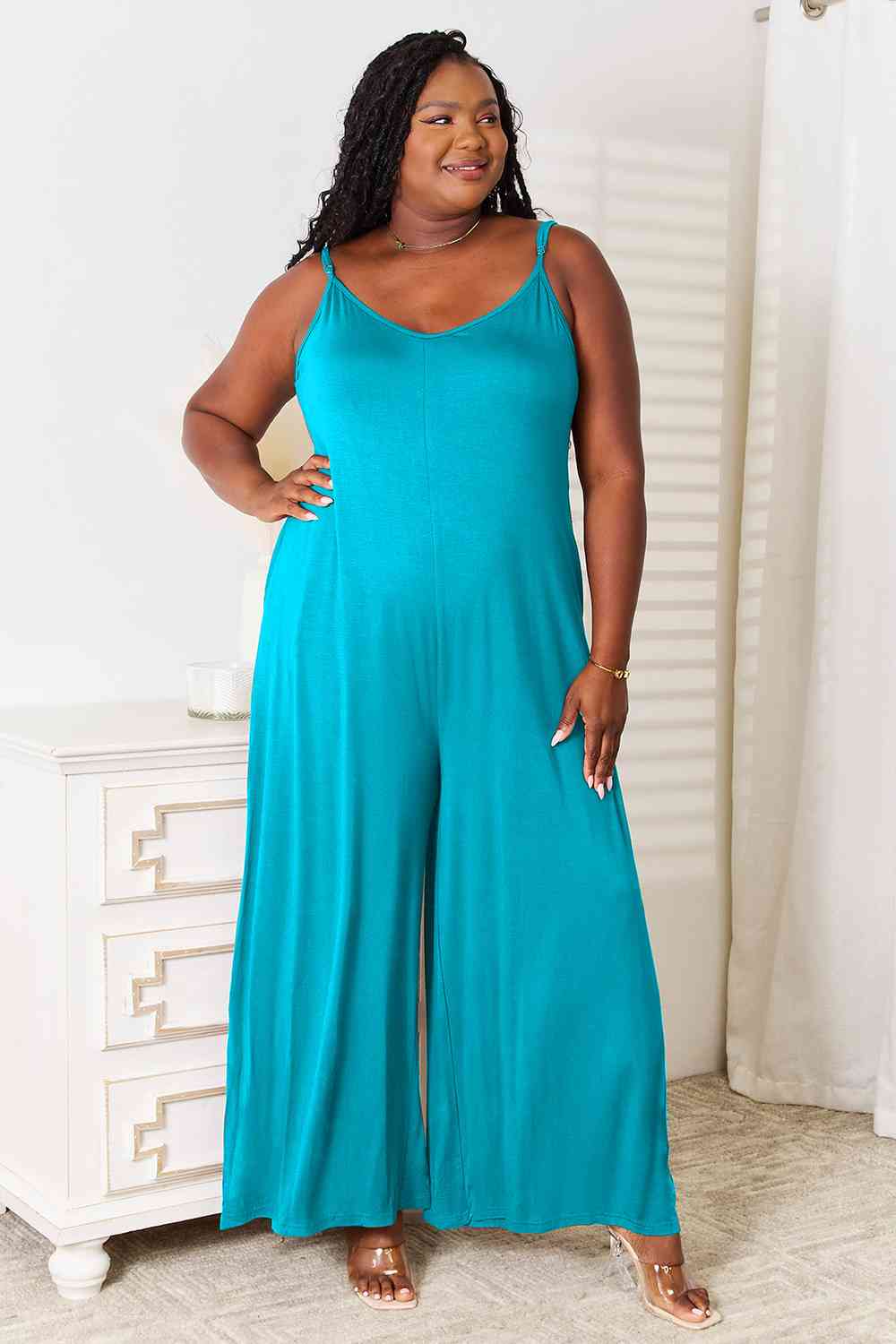 Double Take Full Size Soft Rayon Spaghetti Strap Tied Wide Leg Jumpsuit BLUE ZONE PLANET