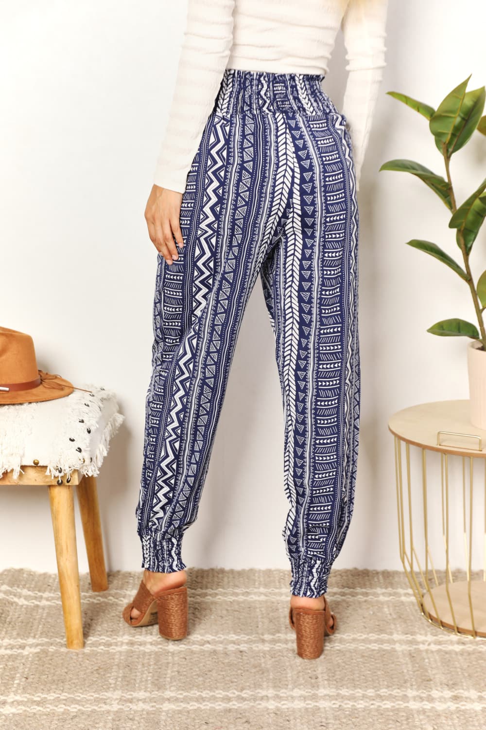 Double Take Geometric Print Tassel High-Rise Pants BLUE ZONE PLANET