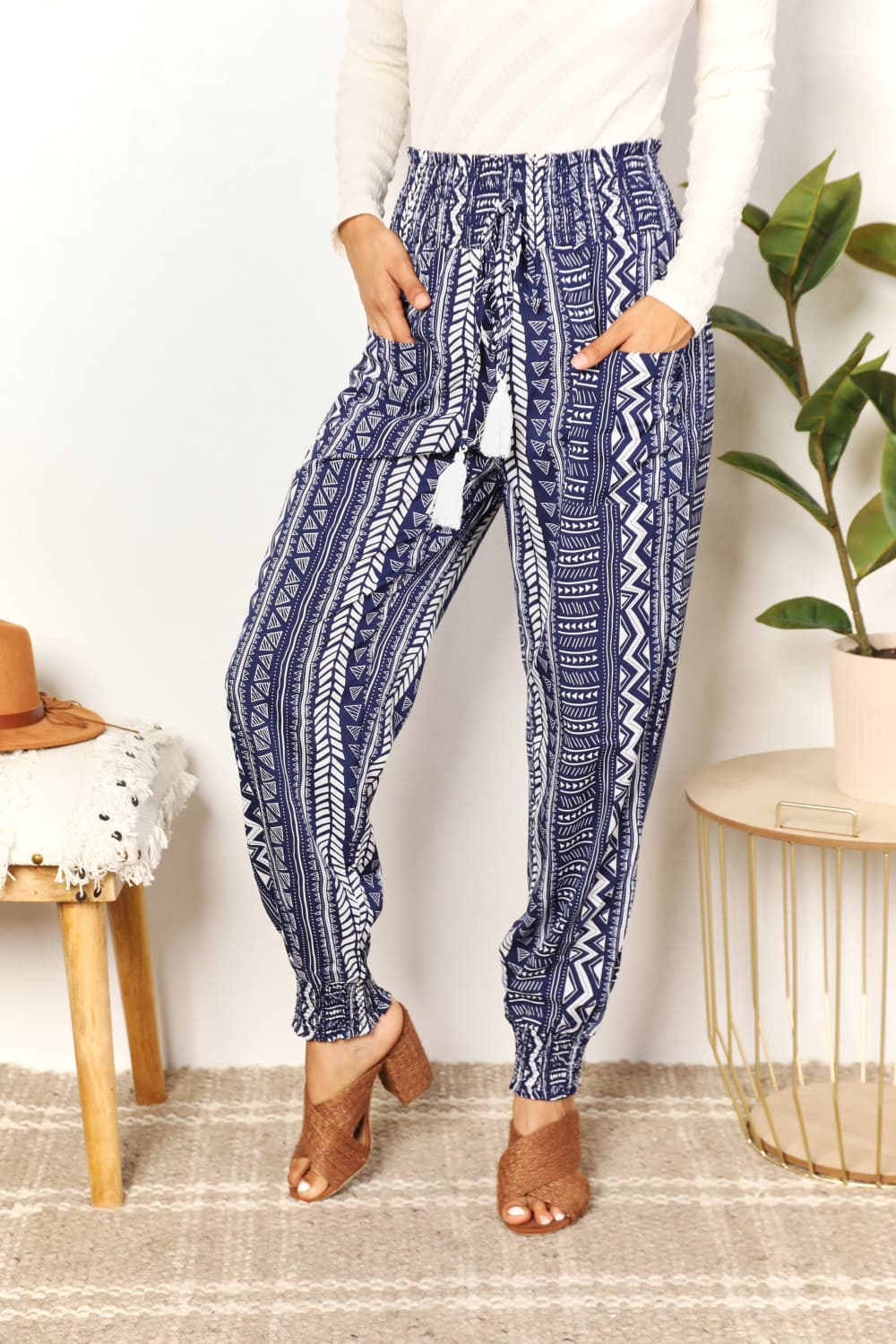 Double Take Geometric Print Tassel High-Rise Pants BLUE ZONE PLANET