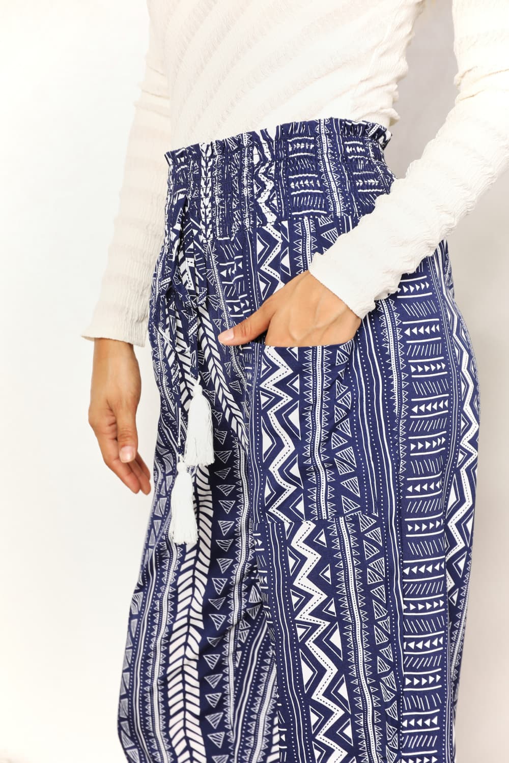 Double Take Geometric Print Tassel High-Rise Pants BLUE ZONE PLANET