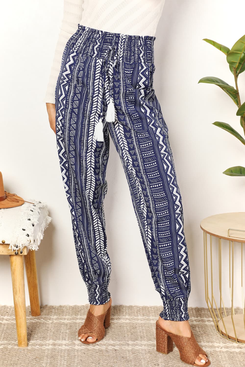 Double Take Geometric Print Tassel High-Rise Pants BLUE ZONE PLANET