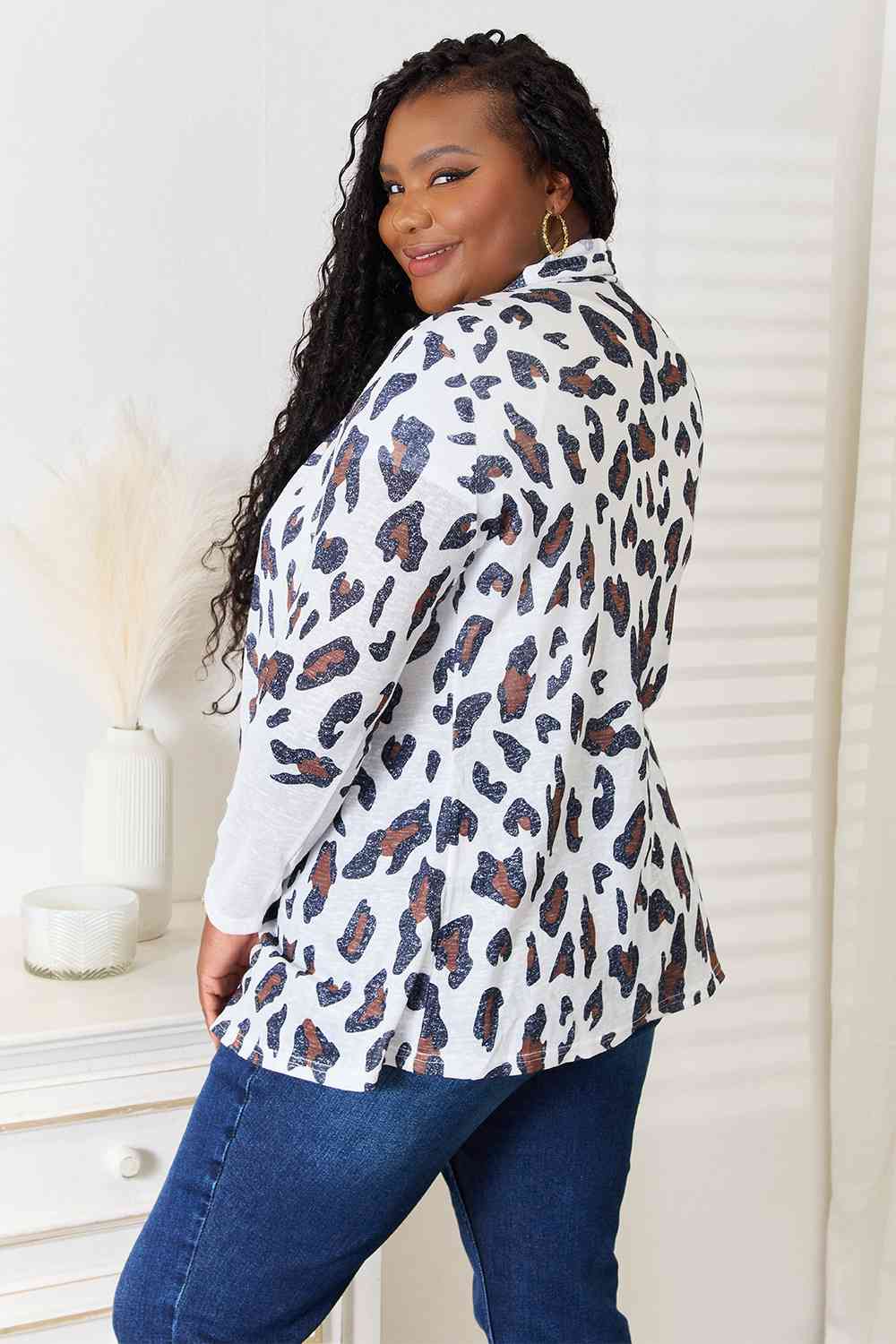 Double Take Leopard Long Sleeve Cardigan BLUE ZONE PLANET