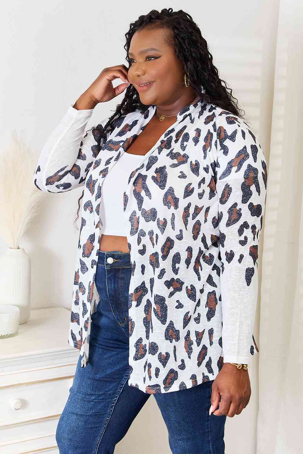 Double Take Leopard Long Sleeve Cardigan BLUE ZONE PLANET