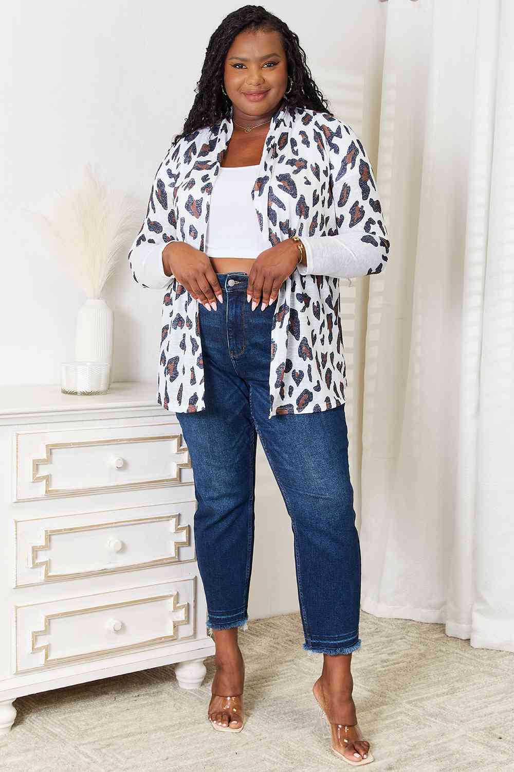 Double Take Leopard Long Sleeve Cardigan BLUE ZONE PLANET